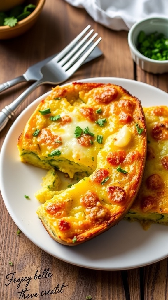 A cheesy zucchini egg casserole, golden and sliced, served on a plate with herbs.